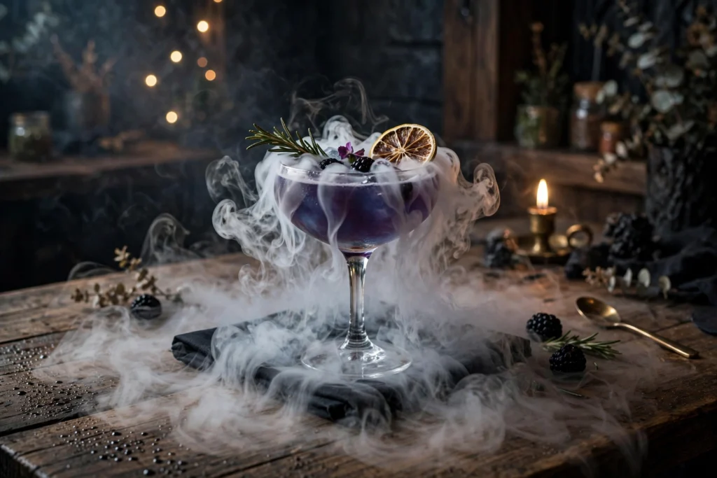ড্রামাটিক খাবার পরিবেশন Alt: Cocktail served with dry ice smoke effect on a wooden table at a themed cafe