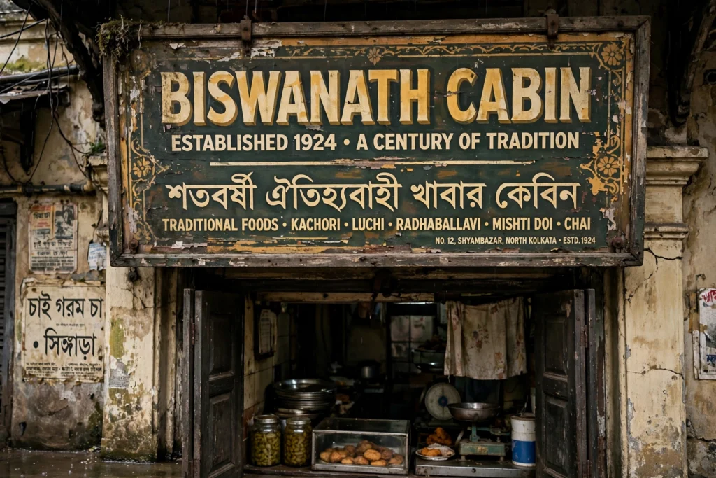 Alt: Worn-out vintage signboard of a century-old traditional food cabin in North Kolkata street
শ্যামবাজারে ১৯২৪ সালের সাইনবোর্ড, রঙ চটে যাওয়া অথচ শতবর্ষের গল্প বয়ে নিয়ে চলা।