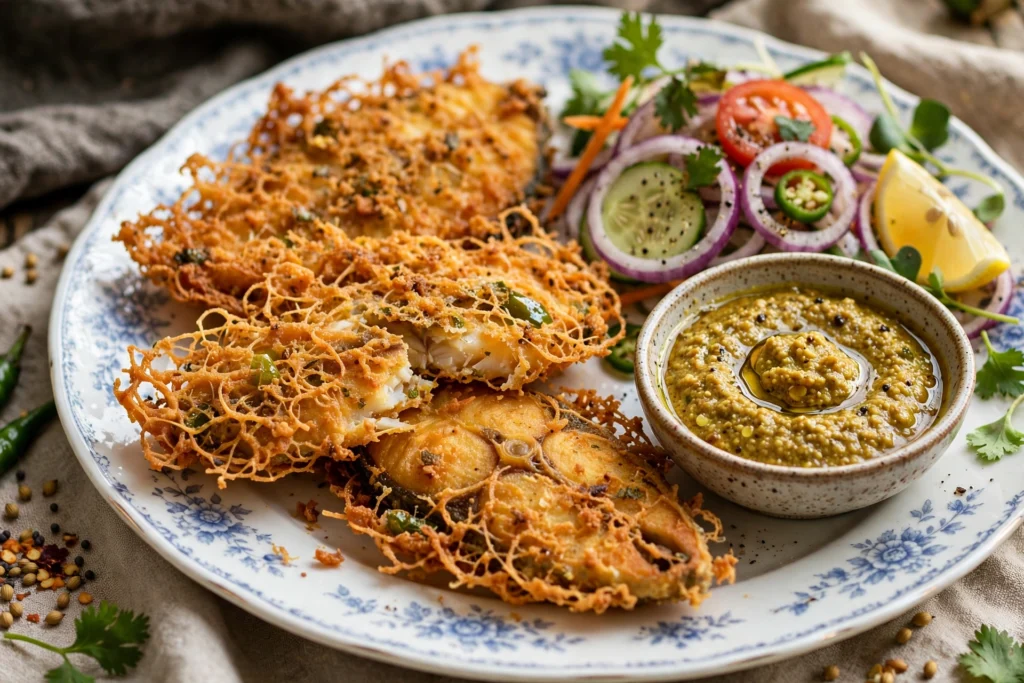 Crispy golden brown Fish Kabiraji served with traditional Bengali kasundi mustard sauce and salad on a porcelain plate
মুচমুচে ডিমের জালি মোড়া কবিরাজি, পাশে ঝাঁঝালো কাসুন্দি আর পেঁয়াজ-শসার স্যালাড।