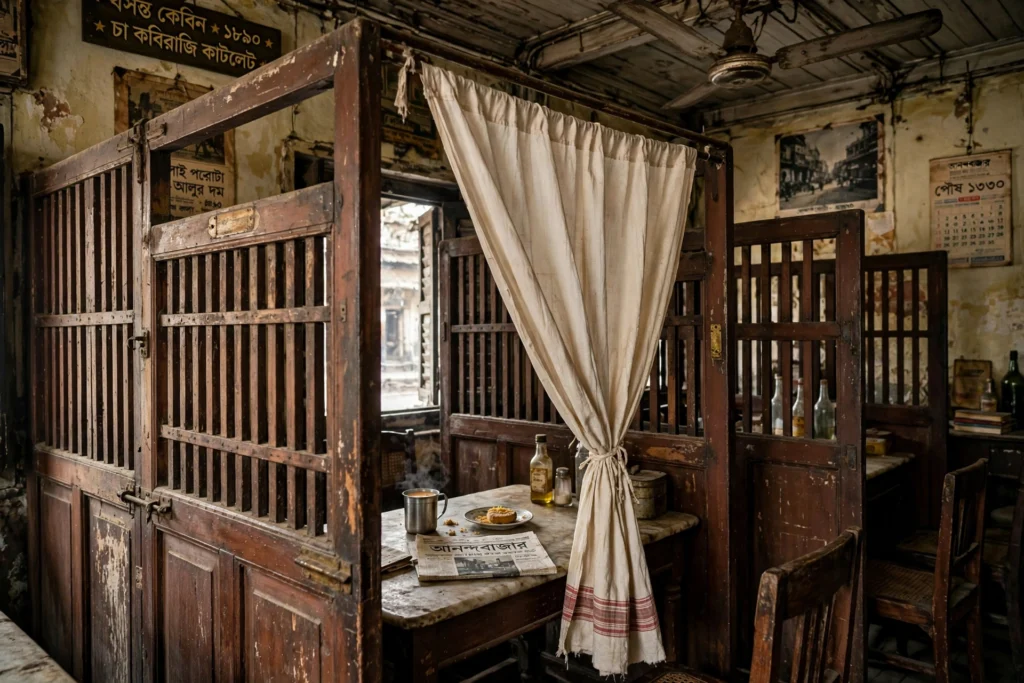 Vintage wooden partition cubicle with traditional cotton curtain in an old North Kolkata heritage cabin
কাঠের খুপরি, সুতির পর্দা, মার্বেল টেবিলে আনন্দবাজার আর চায়ের কাপ — একদম পুরনো বসন্ত কেবিনের লুক।