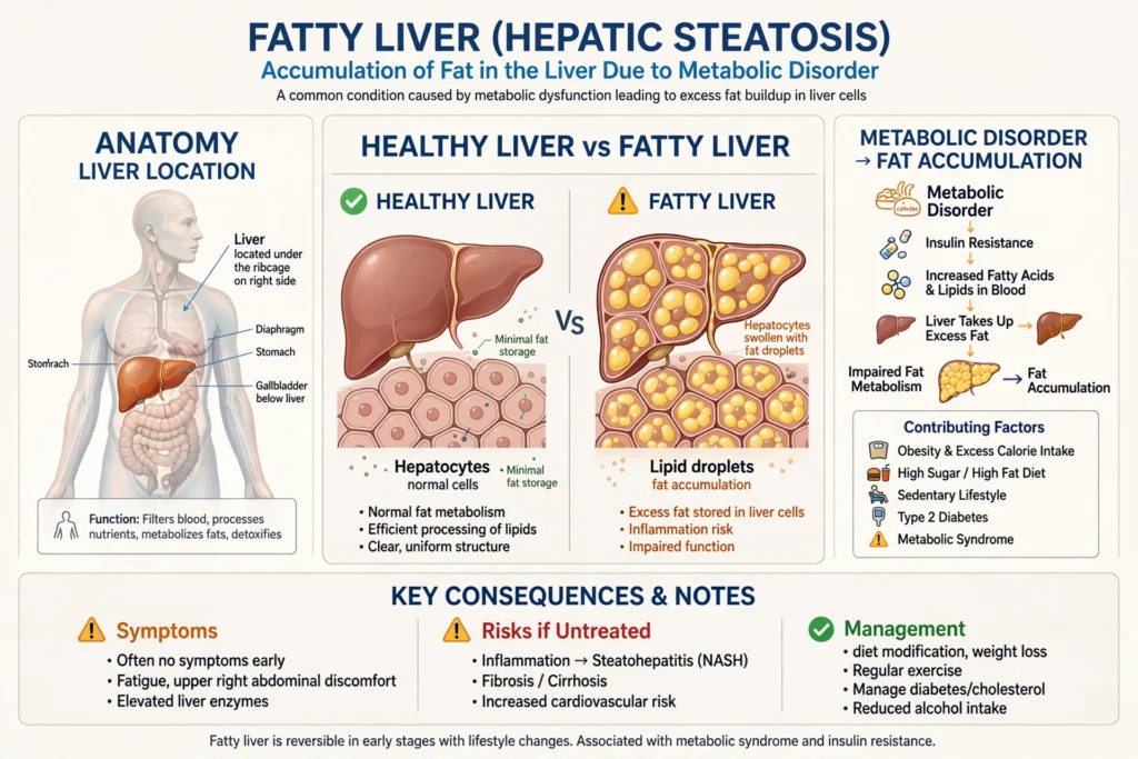 Medical visual diagram showing human liver accumulating fat due to metabolic disorder