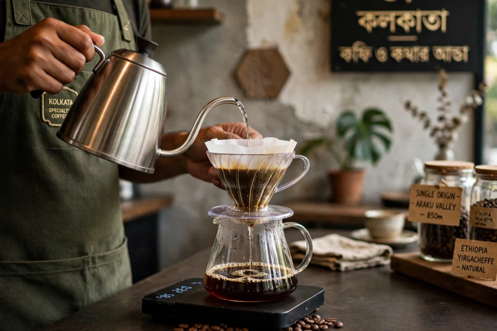 Gen Z friends in Kolkata cafe enjoying specialty pour over coffee - Brew & Adda culture