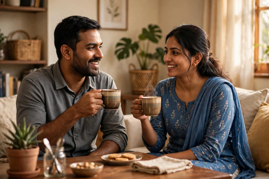 Indian couple talking while drinking tea coffee at home